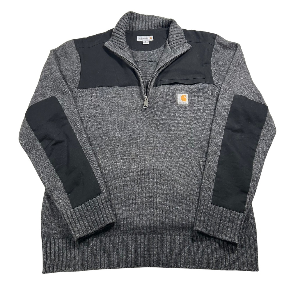 Carhartt Quarter Zip Sweater Mens M Gray Wool Blend Canvas Overlay 103865-026